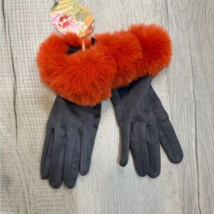 Elegant Black and Orange Faux Fur Trim Gloves Faux Suede - Powder UK